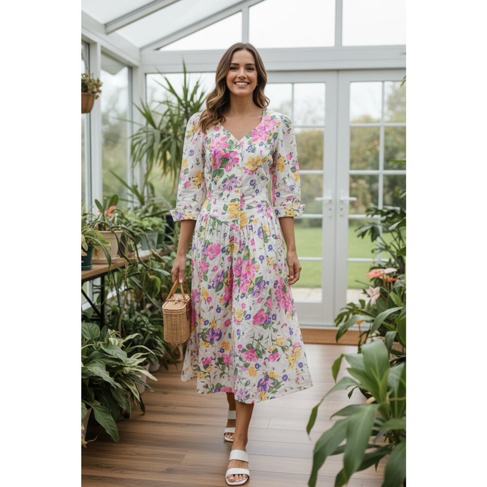 Vtg 80s Cottagecore White Pink Floral Midi Dress Drop Waist Shoulder Pads Sz 12